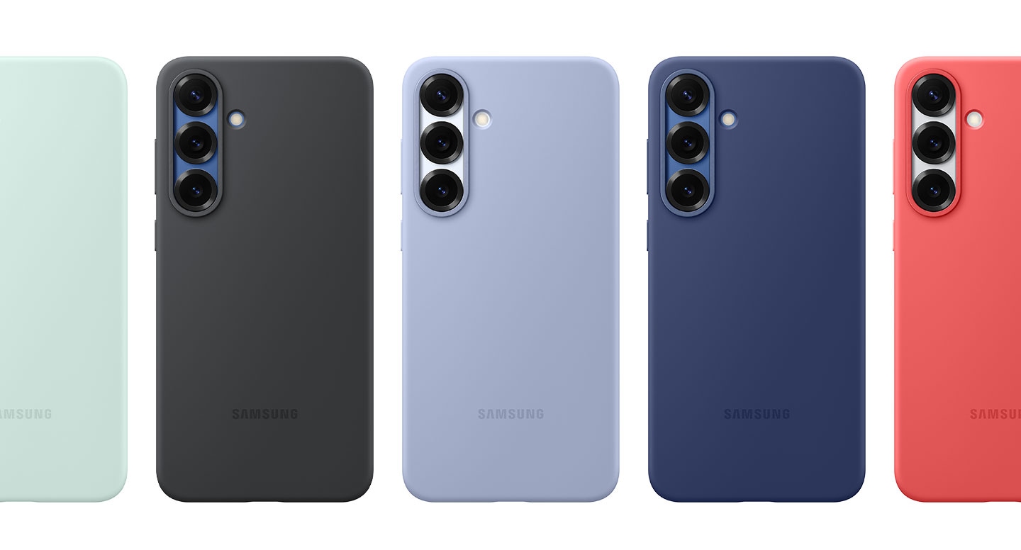 Toutes les options de couleur disponibles sont affich&eacute;es&nbsp;: Bleu, Noir, Bleu Clair, Vert d'eau et Rouge pour la coque Silicone pour le Galaxy S25+.