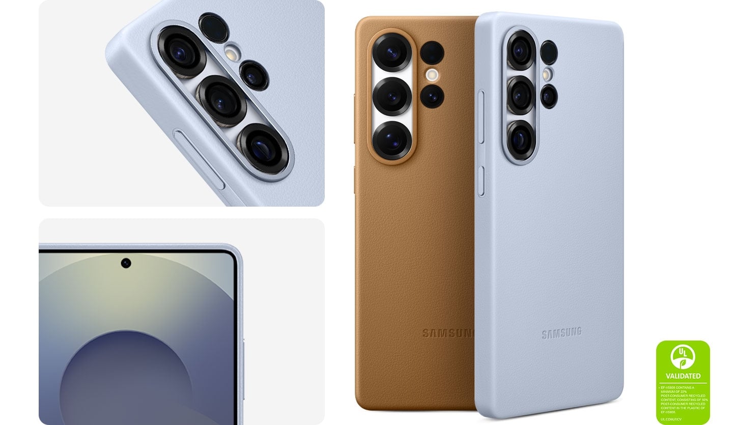 Un Galaxy S25 Ultra &eacute;quip&eacute; de la Coque Premium en Camel est pr&eacute;sent&eacute; depuis son coin sup&eacute;rieur droit, l&rsquo;&eacute;cran vers le haut. L&rsquo;&eacute;cran affiche des logos d&rsquo;&eacute;conomiseur d&rsquo;&eacute;cran. Un autre Galaxy S25 Ultra est &eacute;quip&eacute; de la m&ecirc;me Coque Premium, repr&eacute;sent&eacute; depuis sa moiti&eacute; sup&eacute;rieure en biais et plac&eacute; en diagonale. Deux Coques Premium, chacune install&eacute;e sur un Galaxy S25 Ultra, sont pr&eacute;sent&eacute;es verticalement de dos, l&rsquo;une en Gris et l&rsquo;autre en Camel. Une Certification de d&eacute;claration environnementale UL indique&nbsp;: &laquo;&nbsp;EF-VS938 CONTIENT UN MINIMUM DE 33% DE CONTENU RECYCL&Eacute; POST-CONSOMMATEUR, COMPRENANT 50% DE CONTENU RECYCL&Eacute; POST-CONSOMMATEUR DANS LE PLASTIQUE DE EF-PS938. UL.COM/ECV&nbsp;&raquo;.