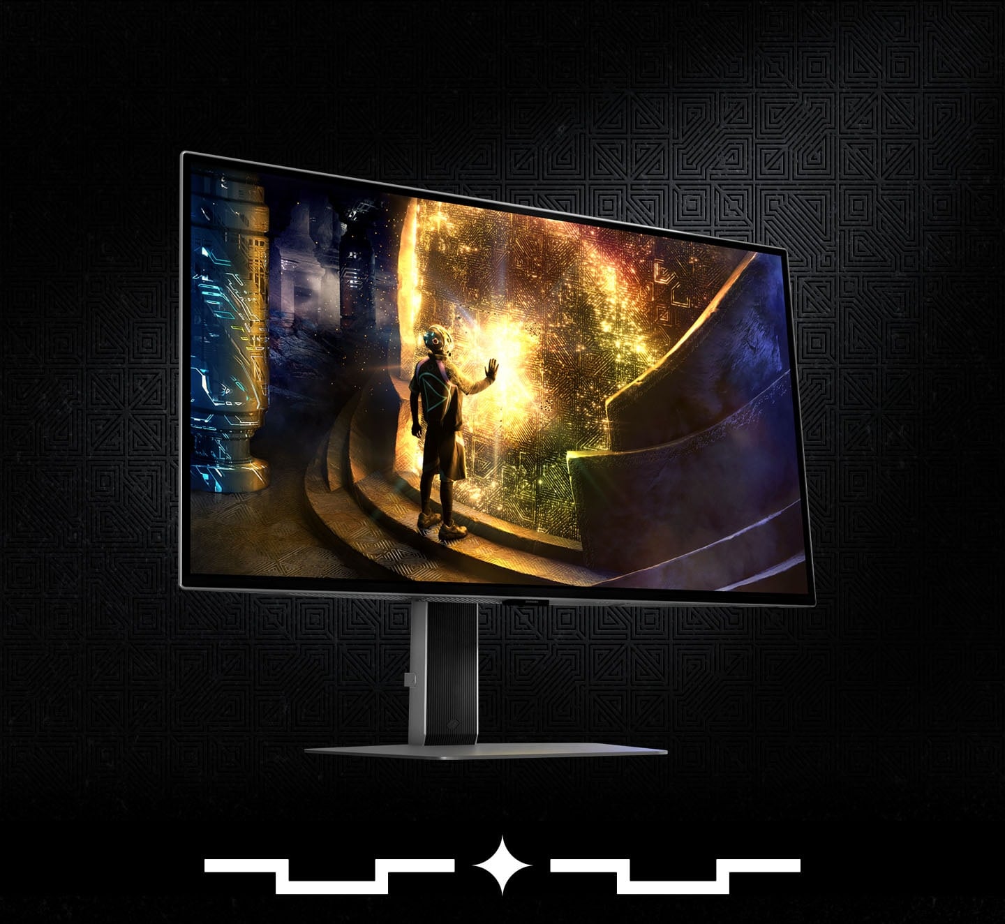 There is an Odyssey OLED G6 monitor in a dynamic angle.