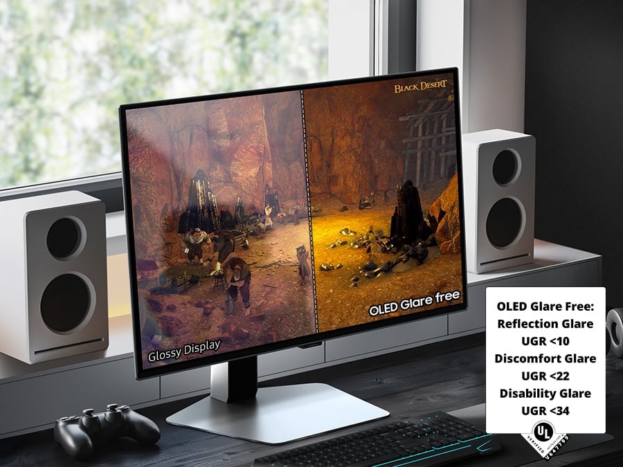 A monitor sits on a desk in a bright room, with a mouse, keyboard, and game controller on the desk. The monitor shows a scene from the game Black Desert, split in half. The right side of the monitor, labeled "OLED Glare Free" is more clear with less reflection than the left side, labeled, "Glossy Display."A badge in the bottom right corner shares glare-free specifications, reading "OLED Glare Free: Reflection Glare UGR <10. Discomfort Glare UGR<22. Disability Glare UGR <34. UL, VERIFIED, verify.UL.com, V647799"