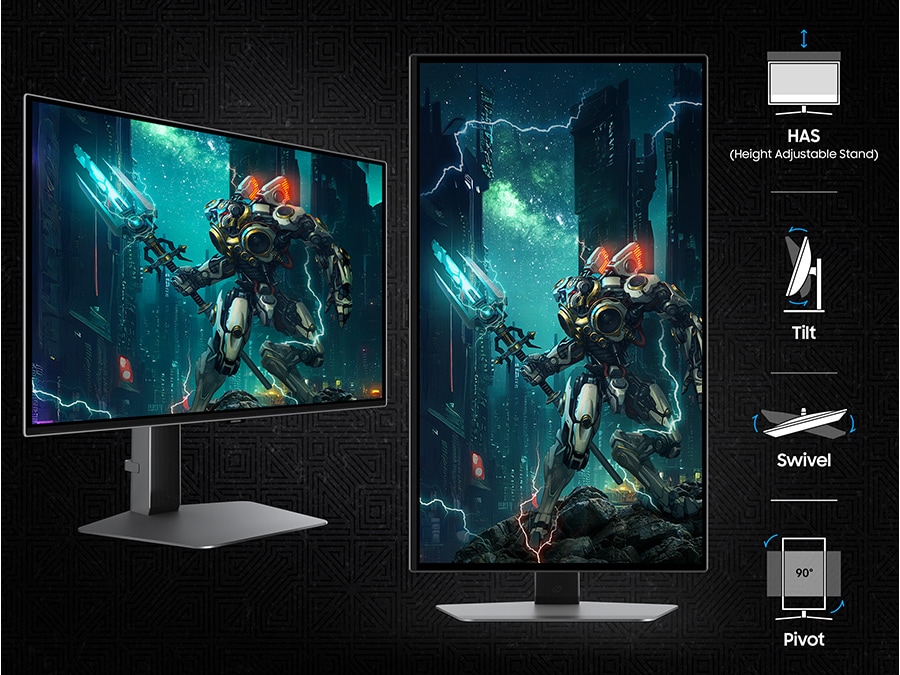There are two Odyssey OLED G6 with a futuristic robot on screen. One of them is in a pivot mode, showing more vertical area of the image than the other. Next to them, the ergonomic options are listed: HAS (height adjustable stand), Tilt, Swivel, and Pivot(90&deg;).