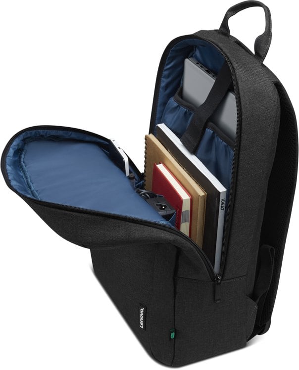 Intérieur du sac à dos Lenovo B210 avec ordinateur portable et carnets
