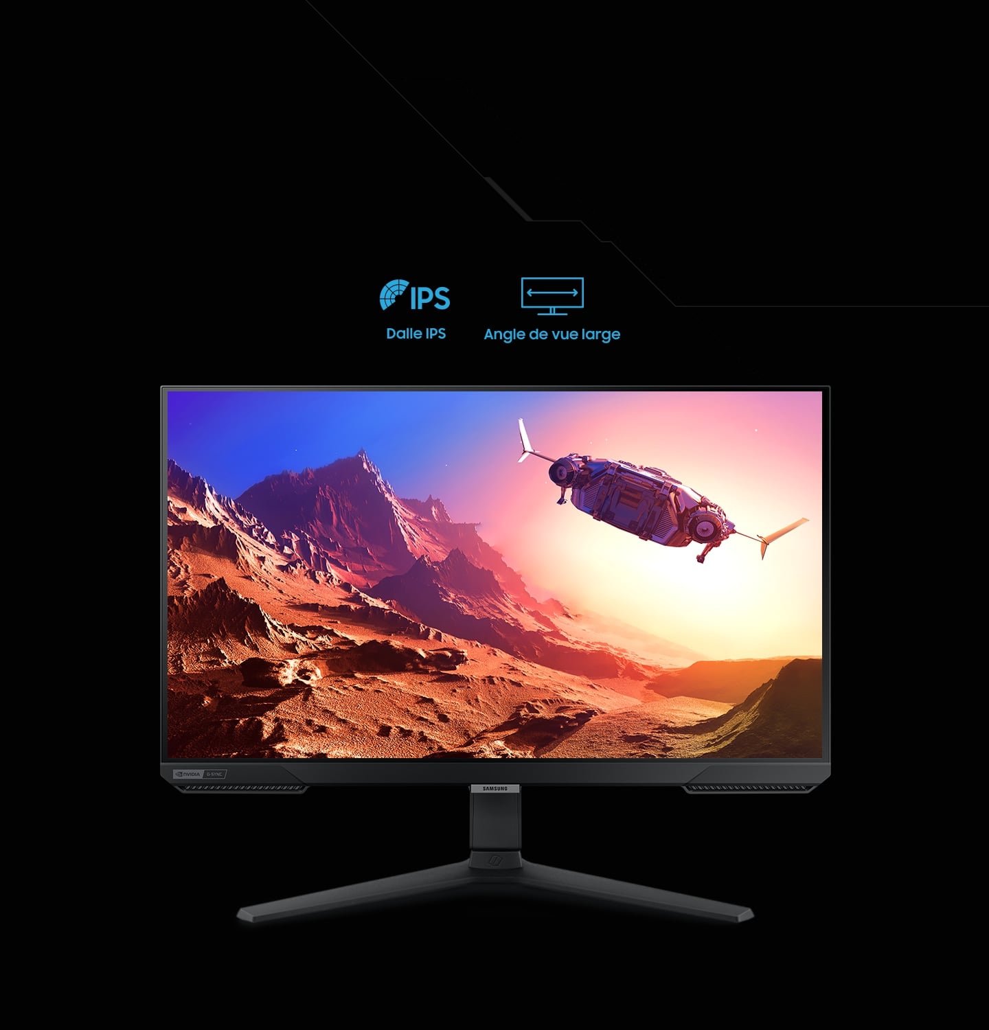 Sur un fond noir, un &eacute;cran Odyssey G400 vu de face. L'&eacute;cran affiche une sc&egrave;ne de jeu. Au dessus de l'&eacute;cran il y a les pictogrammes dalle IPS et angle de vue large. 