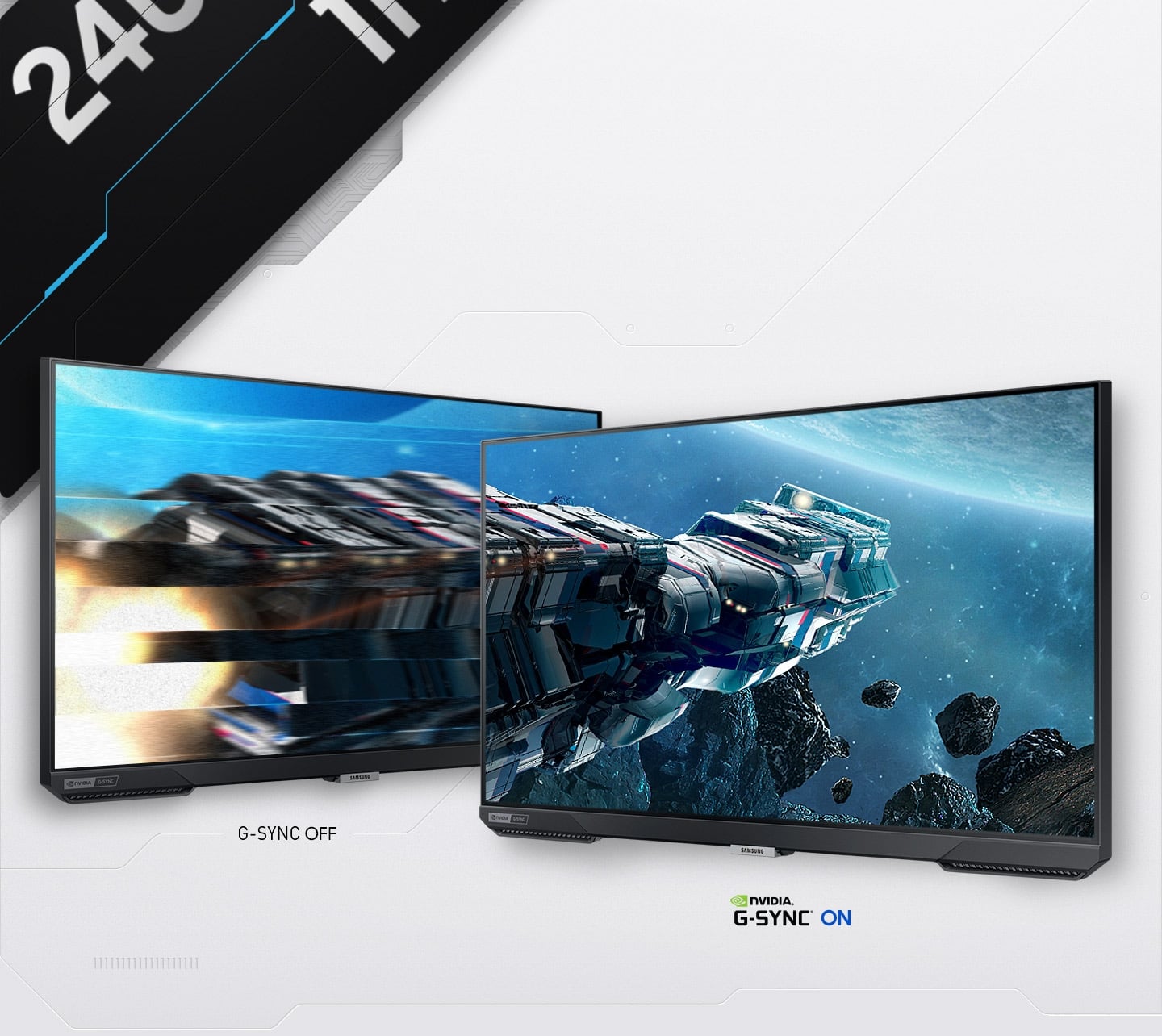 Deux &eacute;crans Odyssey G400 c&ocirc;te &agrave; c&ocirc;te. Celui de gauche affiche une image trouble et le G-Sync est d&eacute;sactiv&eacute;. Celui de droite affiche une image nette et le G-Sync est activ&eacute;. 