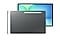 Galaxy Tab S10 FE+ en Anthracite pr&eacute;sent&eacute; de face avec un fond d'&eacute;cran bleu-vert &agrave; l'&eacute;cran, de dos avec le S Pen attach&eacute; &agrave; l'arri&egrave;re et de c&ocirc;t&eacute; pour mettre en valeur le design fin.