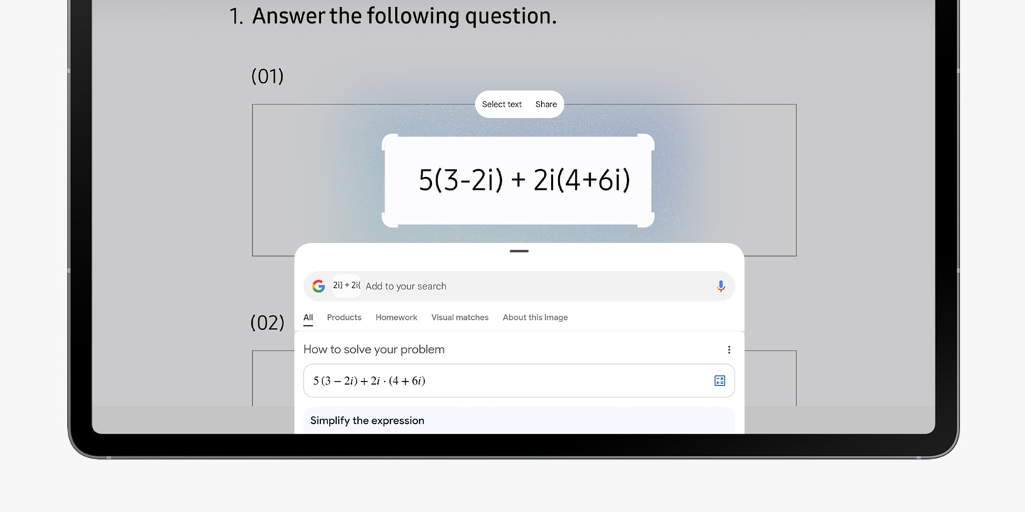 L'écran de la Galaxy Tab S10 FE+ affiche une équation mathématique mise en évidence par l'interface de recherche « Cercle pour rechercher ». En dessous, une fenêtre contextuelle « Cercle pour rechercher » détaille l'équation.