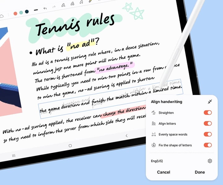 Le S Pen est utilisé dans l'application Samsung Notes sur l'écran du Galaxy Tab S10 FE+ pour aligner automatiquement l'écriture manuscrite d'une note en désordre à l'aide de la fonction Aide à l'écriture manuscrite.