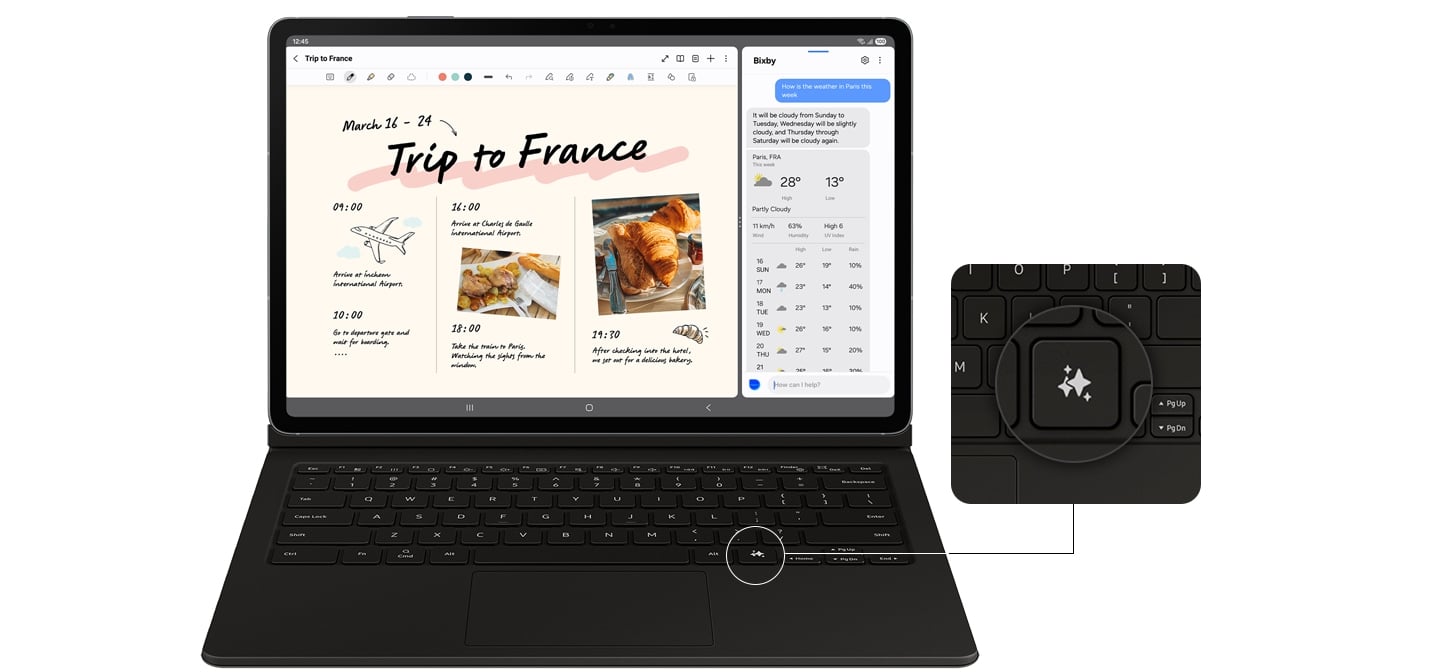 Une Galaxy Tab S10 FE+ équipée d'un clavier Book Cover affiche l'application Notes à l'écran. L'écran est divisé pour afficher une conversation avec Bixby d'un côté. Un gros plan met en évidence la touche Galaxy AI du clavier, indiquant son emplacement.