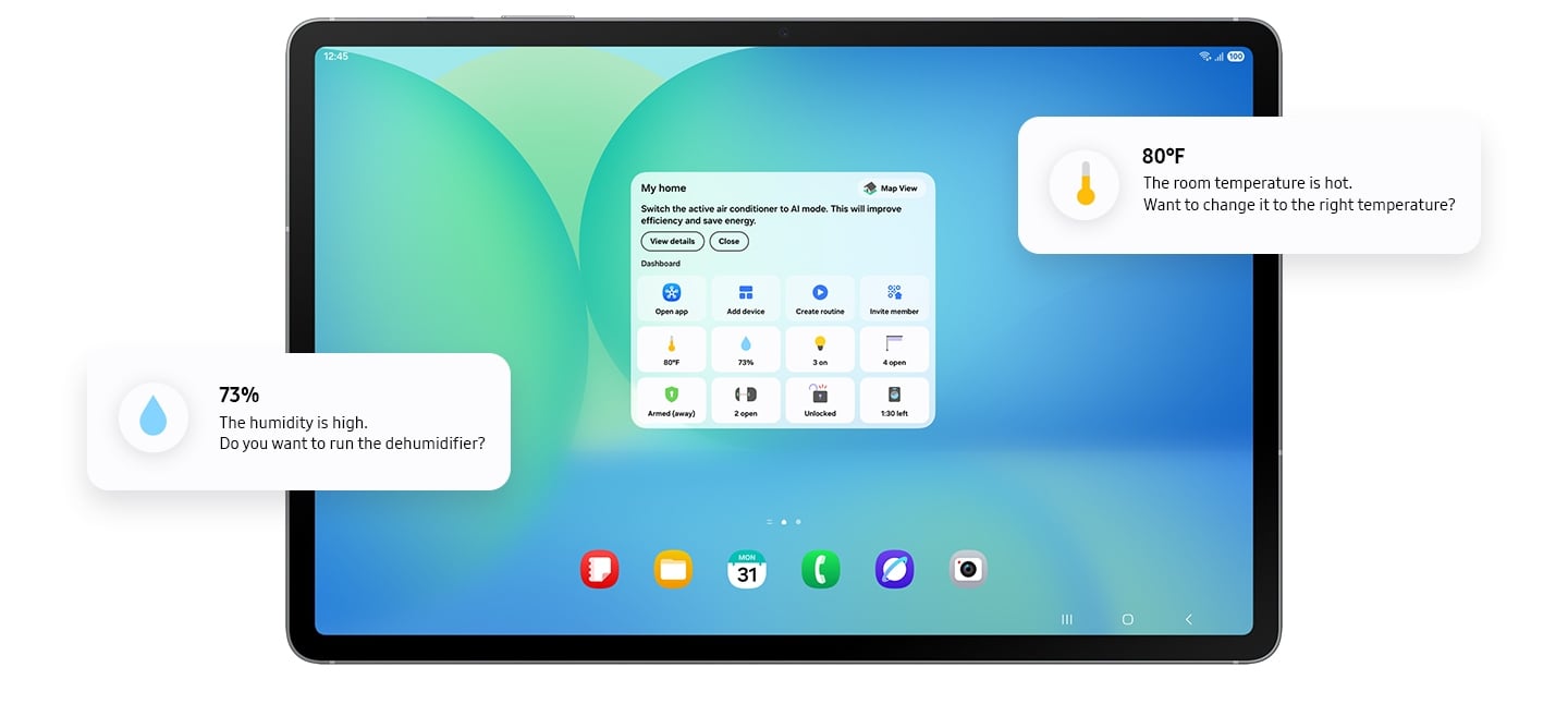 Le widget Home Insight affiché sur l'écran d'accueil de la Galaxy Tab S10 FE+ avec diverses icônes sur le tableau de bord et des suggestions d'IA sur la température et l'humidité.