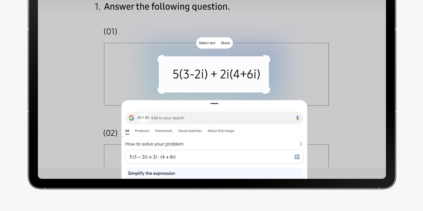 L'écran de la Galaxy Tab S10 FE+ affiche une équation mathématique mise en évidence par l'interface de recherche « Cercle pour rechercher ». En dessous, une fenêtre contextuelle « Cercle pour rechercher » détaille l'équation.