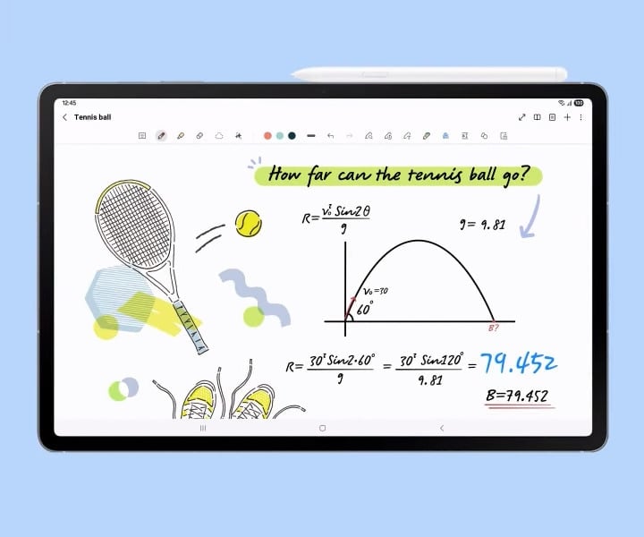 S Pen is used in Samsung Notes app on the screen of Galaxy Tab S10 FE+ to automatically align the handwriting of a messy note using the Handwriting Help feature.