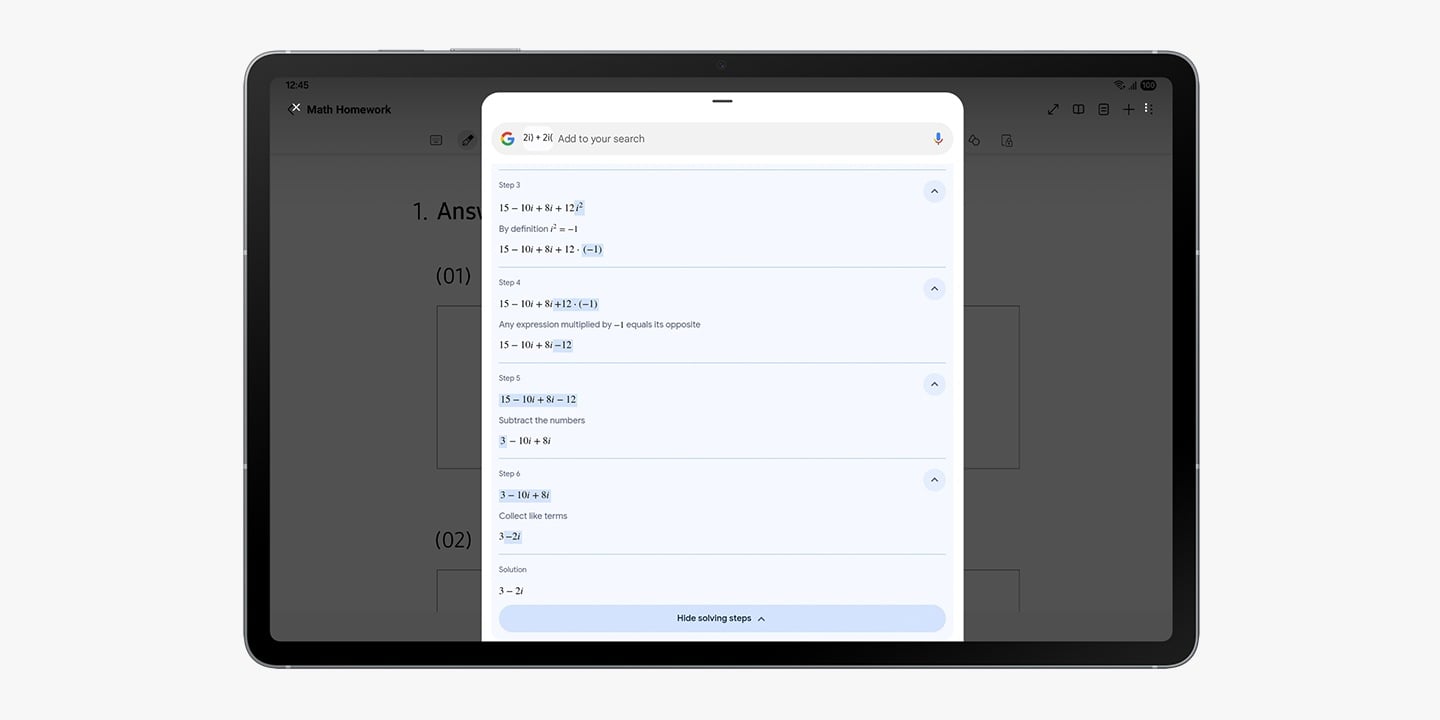 L'&eacute;cran de la Galaxy Tab S10 FE+ affiche un onglet contextuel Cercle pour rechercher qui explique la solution d'une &eacute;quation math&eacute;matique.
