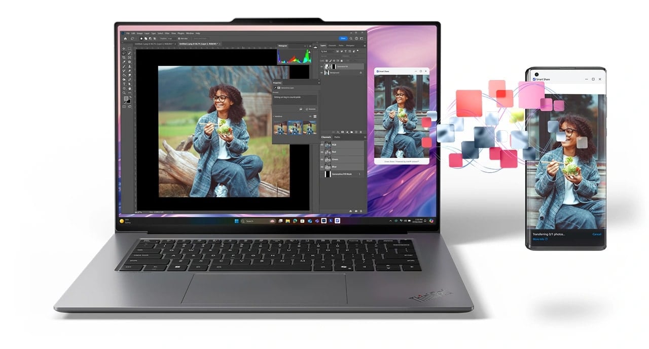 Le partage intelligent vous permet de toucher votre t&eacute;l&eacute;phone pour se connecter &agrave; l&rsquo;ordinateur portable Lenovo ThinkPad X9&nbsp;15&nbsp;Aura Edition, puis partager des fichiers, &eacute;diter et m&ecirc;me envoyer des messages texte depuis votre PC.