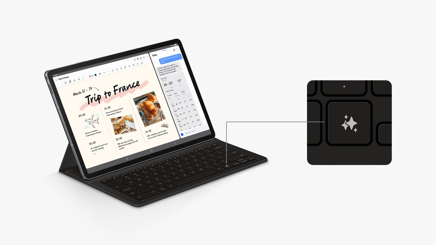 Une Galaxy Tab S10 FE+ &eacute;quip&eacute;e d'un Book Cover Keyboard Slim est l&eacute;g&egrave;rement inclin&eacute;e vers la droite. L'&eacute;cran est divis&eacute; pour afficher une conversation avec Bixby d'un c&ocirc;t&eacute;. Un gros plan met en &eacute;vidence la touche Galaxy AI du clavier, indiquant son emplacement.