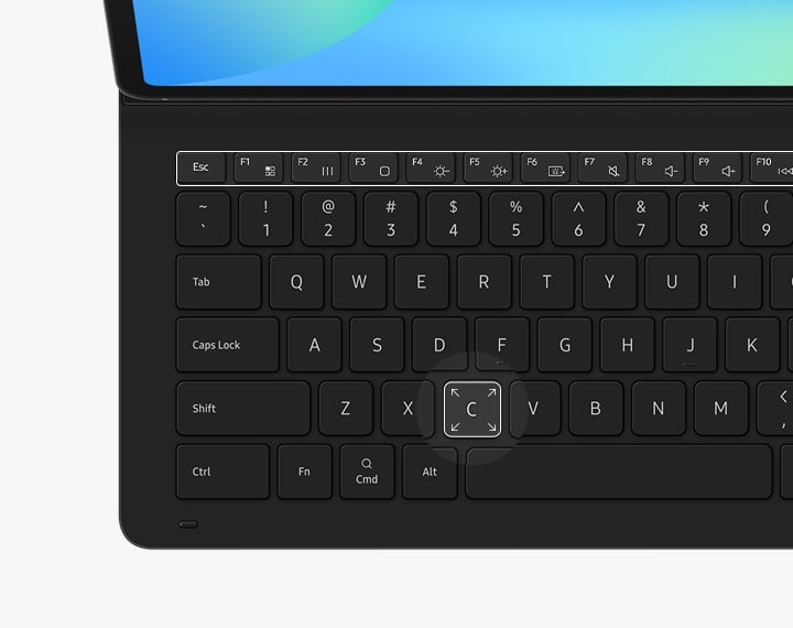 Vue de face du clavier du Book Cover Keyboard Slim, avec les touches de fonction mises en &eacute;vidence. Une touche est mise en &eacute;vidence pour souligner sa grande taille.