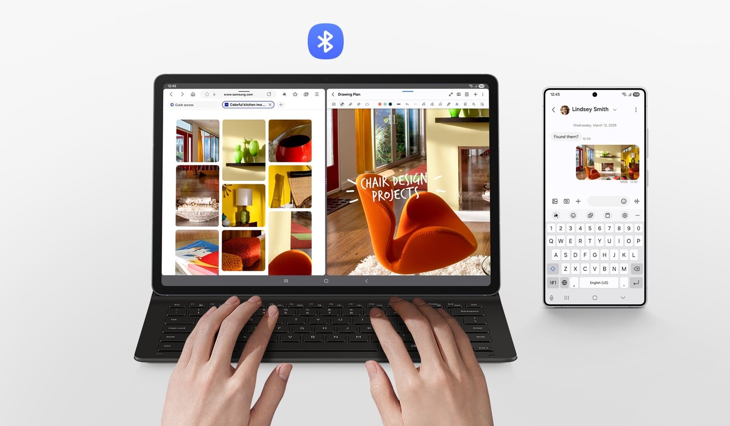 Une personne utilise la Galaxy Tab S10 FE+ avec le Book Cover Keyboard Slim. Son &eacute;cran est divis&eacute; en deux fen&ecirc;tres affichant plusieurs images de meubles trouv&eacute;es sur le web, dont une en cours de retouche. Un smartphone Galaxy affiche l'image &agrave; l'&eacute;cran tandis que des lettres sont saisies avec le clavier de la tablette. Le logo Bluetooth est affich&eacute;.