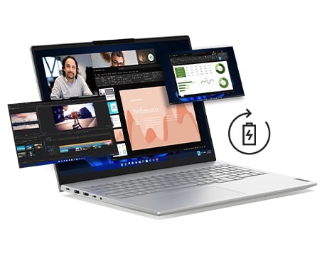 L’ordinateur portable Lenovo ThinkBook 16 Gen 8 (16 pouces Intel) vous fait bénéficier de l’efficacité de la gestion intelligente de la batterie pour vous permettre de faire plusieurs tâches à la fois, comme les pros, sans devoir vous brancher sur le secteur.