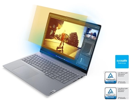 L’ordinateur portable Lenovo ThinkBook 16 Gen 8 (16 pouces Intel) se distingue par ses couleurs riches, sa précision et son affichage de qualité tout en offrant un confort oculaire certifié par TÜV Eyesafe®.