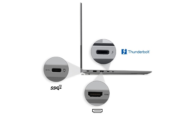 Vue du côté gauche de l’ordinateur portable Lenovo ThinkBook 16 Gen 8 (16 pouces Intel), mettant en valeur quelques-uns de ses ports robustes qui facilitent une connectivité fluide, les transferts de fichiers, la liaison entre appareils et bien plus encore.