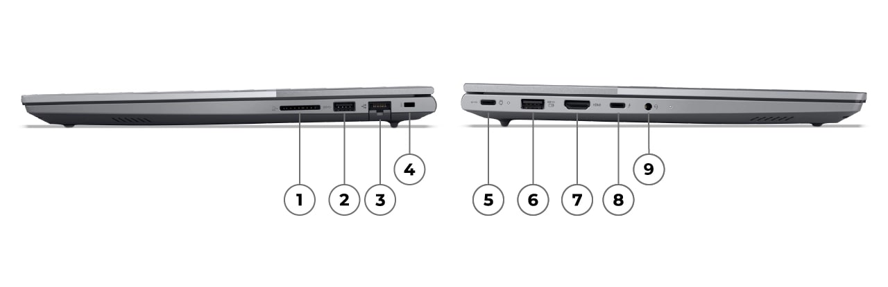 Vue des profils droit et gauche de l&rsquo;ordinateur portable Lenovo ThinkBook&nbsp;16 Gen&nbsp;8 (16&nbsp;pouces Intel) avec ses ports &eacute;tiquet&eacute;s respectivement de 1 &agrave; 4 et de 5 &agrave; 9.
