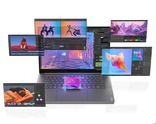 Des fenêtres colorées et un logo Intel Core Ultra flottent au-dessus d'un Yoga Slim 7i Gen 9 Aura Edition (15″ Intel) ouvert