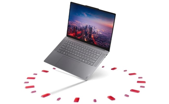 Une image d'horloge représentant la durée de vie de la batterie sous une image d'un Yoga Slim 7i Gen 9 Aura Edition (15″ Intel) ouvert
