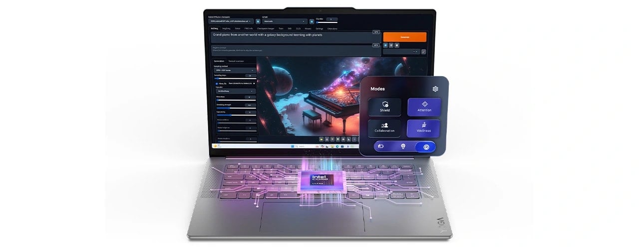 Vue de face, avec une superposition d'icônes Smart Mode, du Yoga Slim 7i Gen 9 Aura Edition (15" Intel)