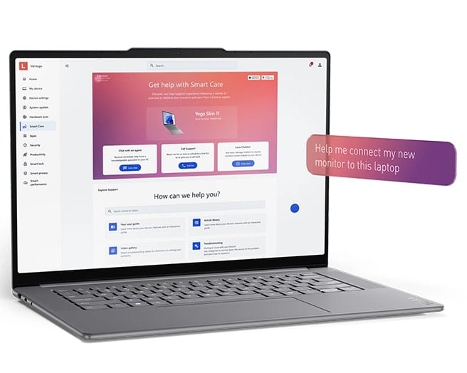 Une demande d'aide plane devant un Yoga Slim 7i Gen 9 Aura Edition (15″ Intel) ouvert