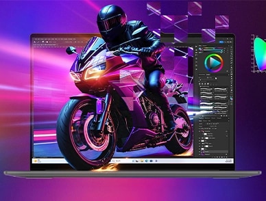 Une moto sur l'écran, avec des lignes de mouvement en arrière-plan, de la Yoga Slim 7i Gen 9 Aura Edition (15″ Intel)