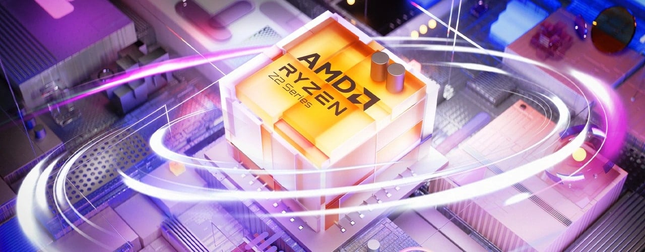 AMD Ryzen Z2 Series processor depicted in a futuristic digital environment with glowing energy swirls.