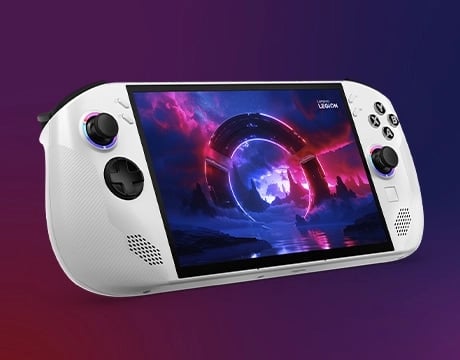 Angled view of Lenovo Legion Go S Gen 1 (8") handheld gaming handheld displaying a sci-fi game scene.