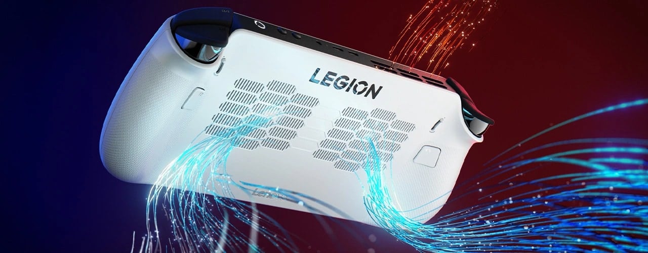 Rear view of Lenovo Legion Go S Gen 1 (8") with visualized airflow and cooling technology effects.
