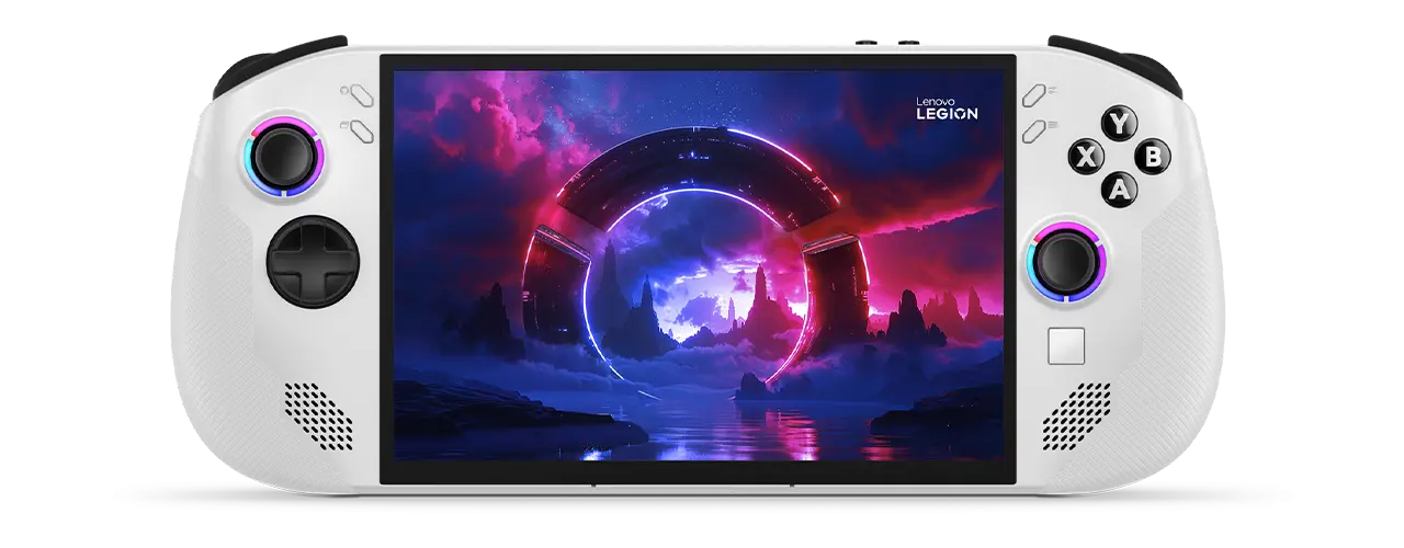 Front view of Lenovo Legion Go S Gen 1 (8") handheld gaming handheld displaying a sci-fi game on the screen.