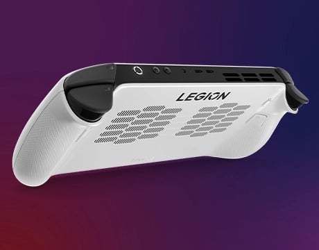 Angled bottom view of Lenovo Legion Go S Gen 1 (8") showcasing cooling vents and rear triggers.