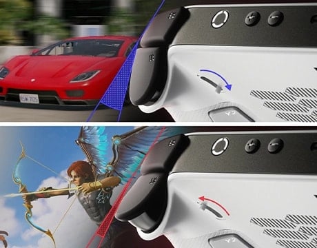 Close-up of Lenovo Legion Go S Gen 1 (8") rear triggers showcasing adjustable sensitivity for racing and action games.