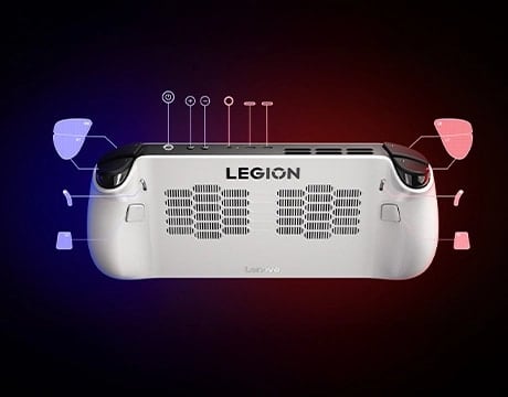 Lenovo Legion Go S Gen 1 (8") gaming handheld with labeled controls and button mapping icons on a dark background.