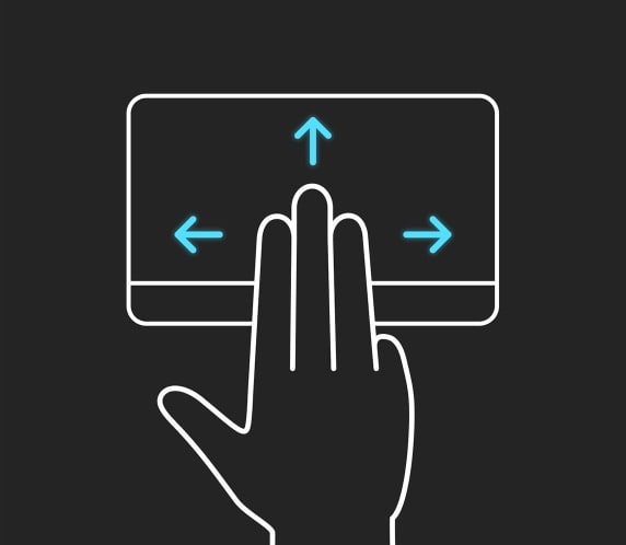 Trois doigts sont repr&eacute;sent&eacute;s en train de glisser vers le haut, le bas, la gauche et la droite sur le pav&eacute; tactile ErgoSense.