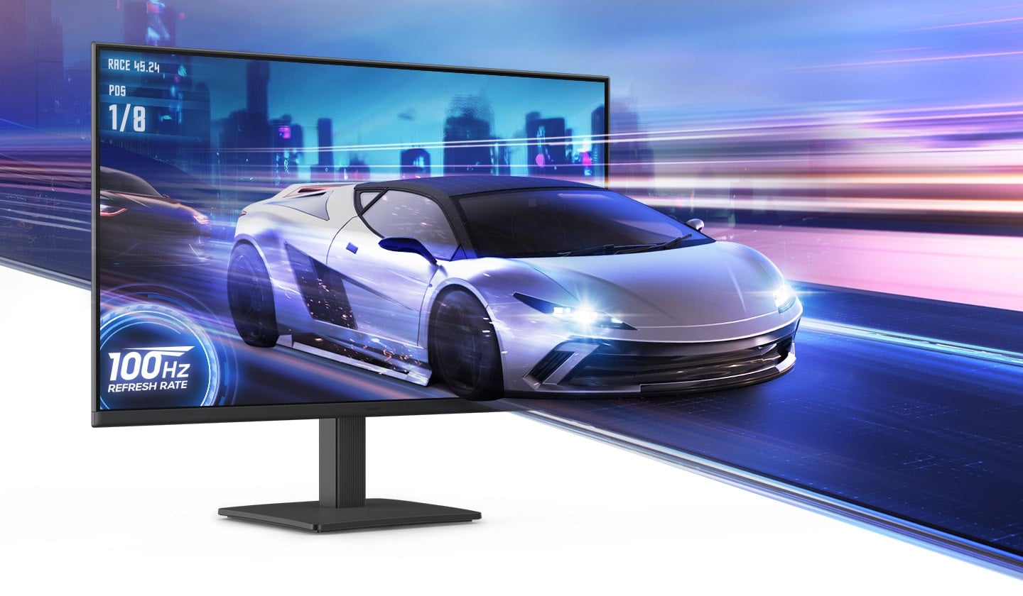There is a racing car on a monitor which represents the 100Hz refresh rate.