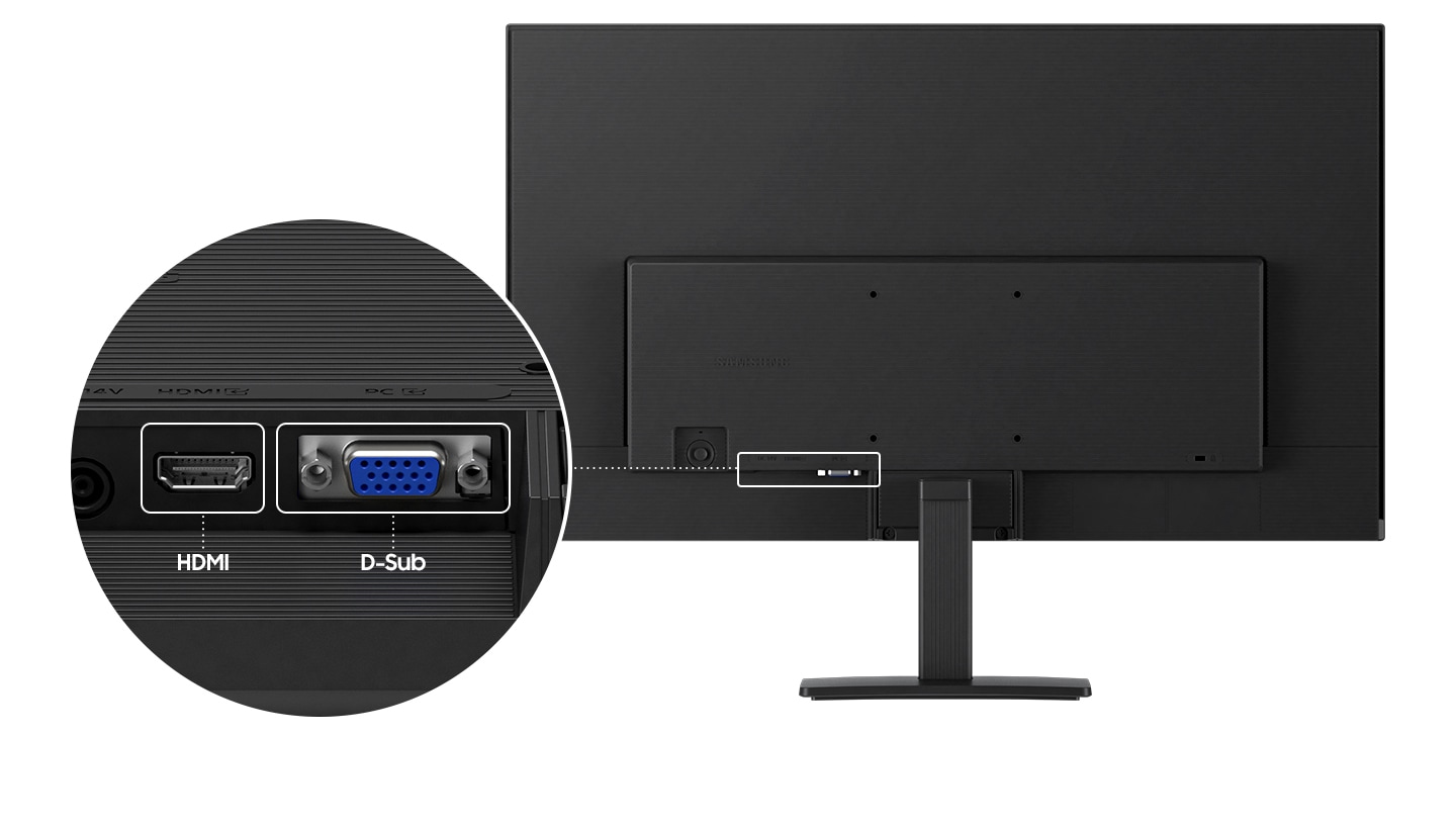 The backside of the monitor is shown, and its ports are being closed up. It has an HDMI and D-sub port.