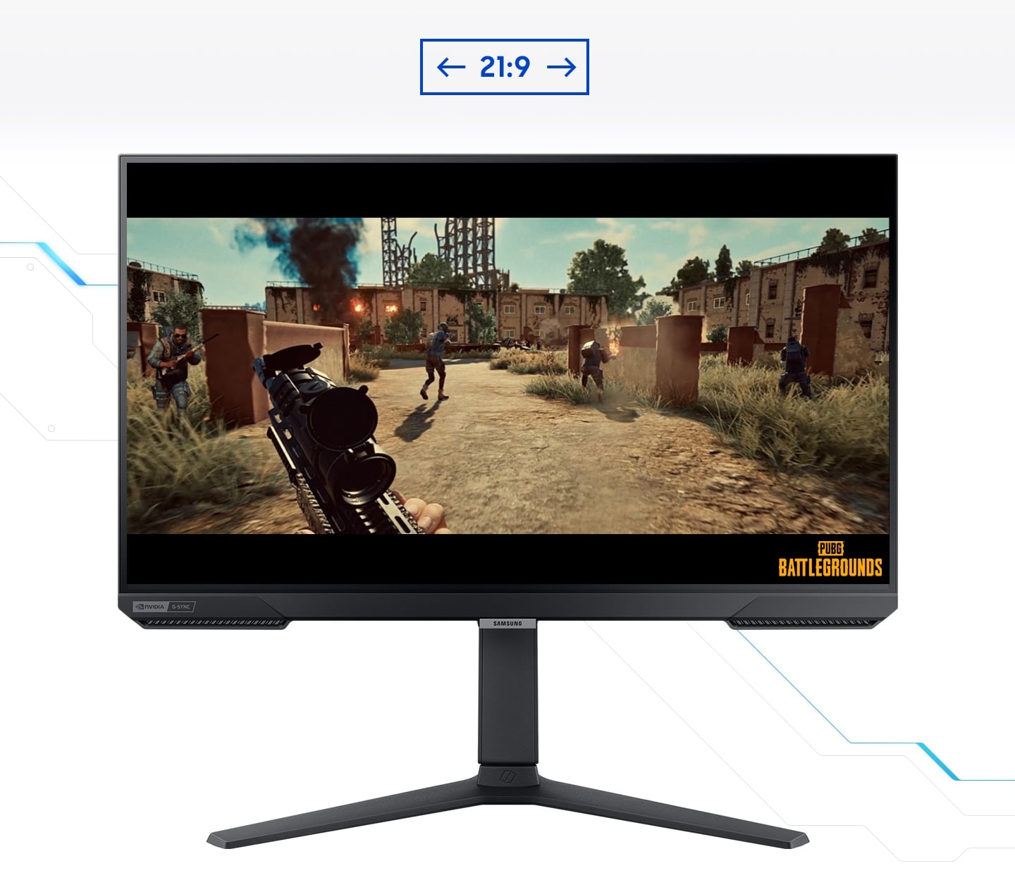 Un moniteur affiche le point de vue d&rsquo;un joueur dans un jeu de tir. Le joueur court autour d&rsquo;une zone de bataille, avec une mitrailleuse. Lorsque l&rsquo;&eacute;cran est &eacute;tendu de 16:9 &agrave; 21:9, un ennemi invisible se r&eacute;v&egrave;le dans le coin gauche. Le logo &laquo;&nbsp;Battleground&nbsp;&raquo; est affich&eacute; dans le coin inf&eacute;rieur droit de l&rsquo;&eacute;cran.