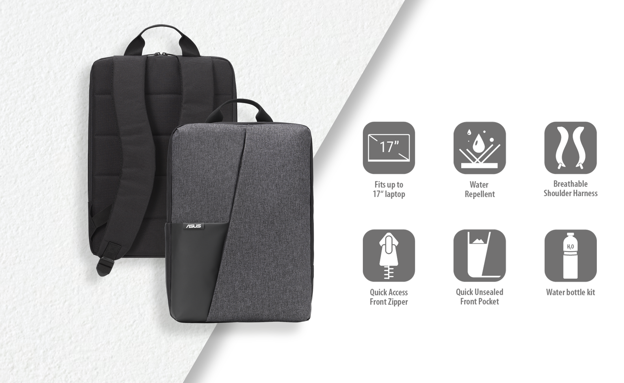 Les vues avant et arri&egrave;re du sac &agrave; dos ASUS AP4600, ainsi que six ic&ocirc;nes de caract&eacute;ristiques cl&eacute;s, y compris &ldquo;s'adapte jusqu'&agrave; 17 pouces ordinateur portable&rdquo;, &ldquo;hydrofuge&rdquo;, &ldquo;harnais d'&eacute;paule respirant&rdquo;, fermeture &eacute;clair frontale &agrave; acc&egrave;s rapide&rdquo;, &ldquo;poche avant non scell&eacute;e rapide&rdquo;, et &ldquo;kit de bouteille d'eau&rdquo;.