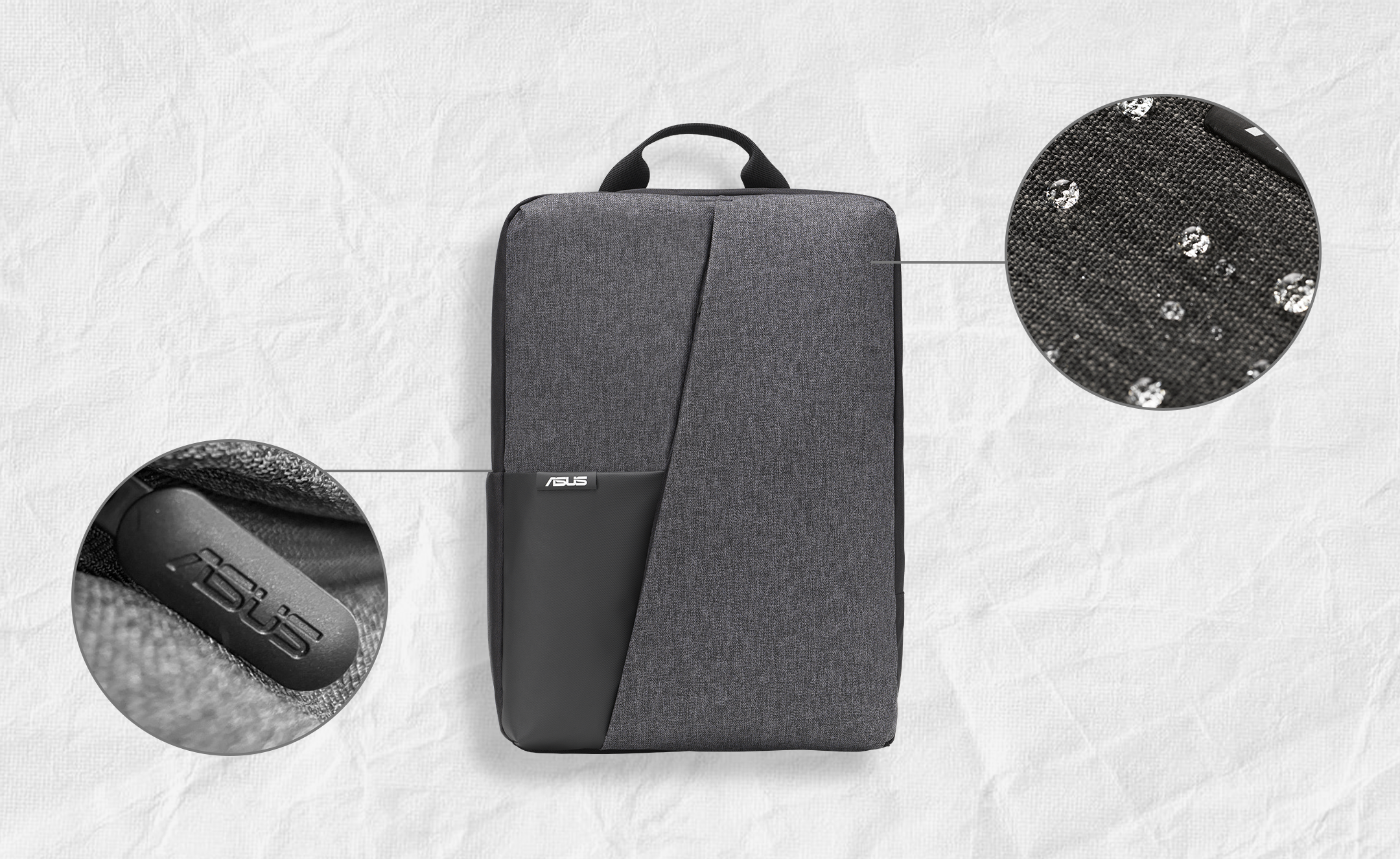 La vue de face du sac &agrave; dos ASUS AP4600. Les petites images repr&eacute;sentent la fermeture &agrave; glissi&egrave;re durable et le tissu hydrofuge.