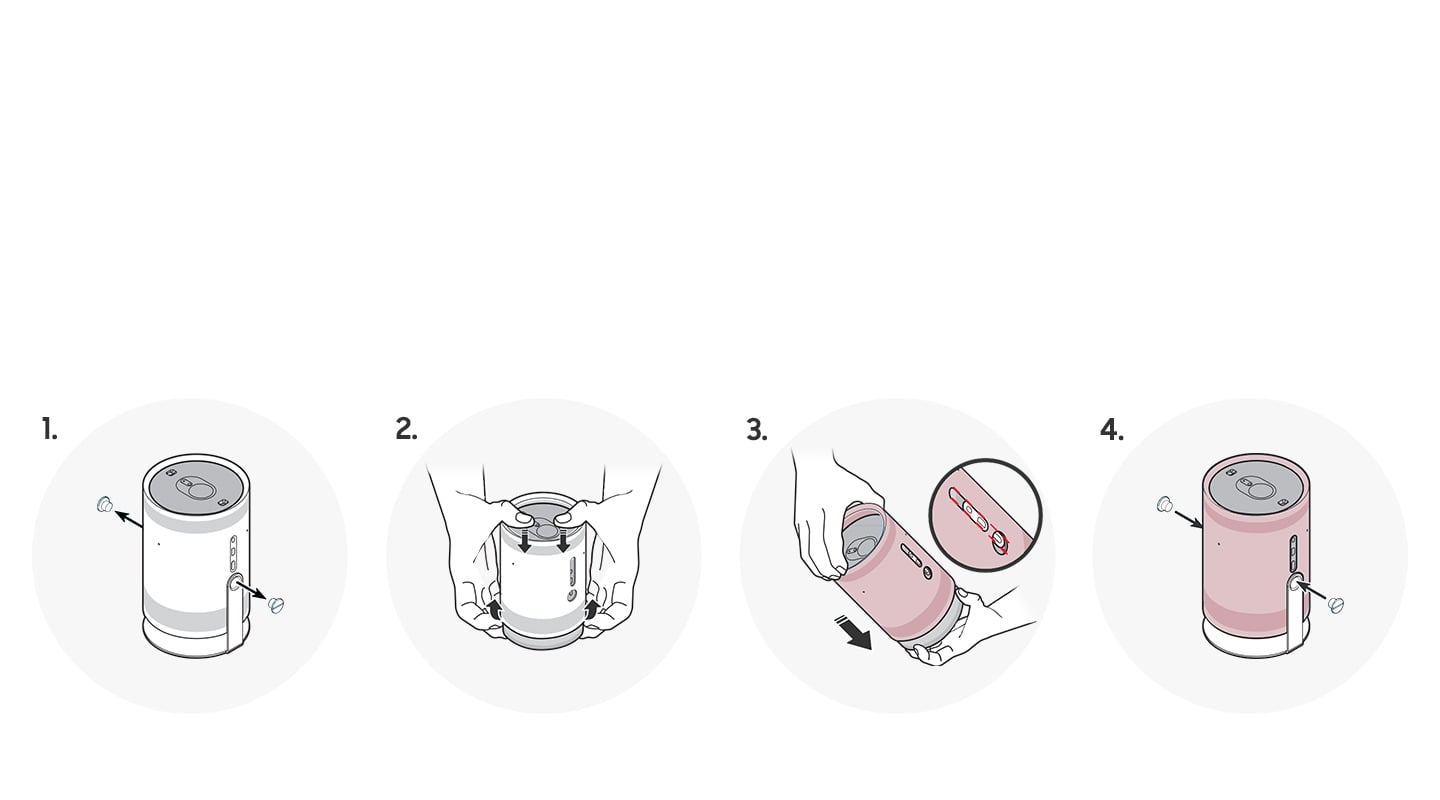 Les 4 &eacute;tapes pour changer la coque souple The Freestyle sont affich&eacute;es. Premi&egrave;rement, d&eacute;faites les vis des deux c&ocirc;t&eacute;s de The Freestyle. Ensuite, enlevez la coque souple de couleur blanche. Ensuite, on la remplace par une autre coque souple de couleur diff&eacute;rente. Enfin, on remet la vis en place.