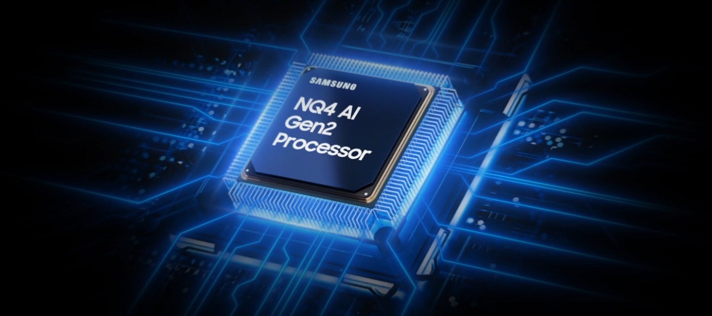 La puce du processeur Samsung NQ4 AI Gen2 descend sur la carte principale du t&eacute;l&eacute;viseur et s&rsquo;allume avec des ondes &eacute;lectriques allant de la puce au reste du t&eacute;l&eacute;viseur.