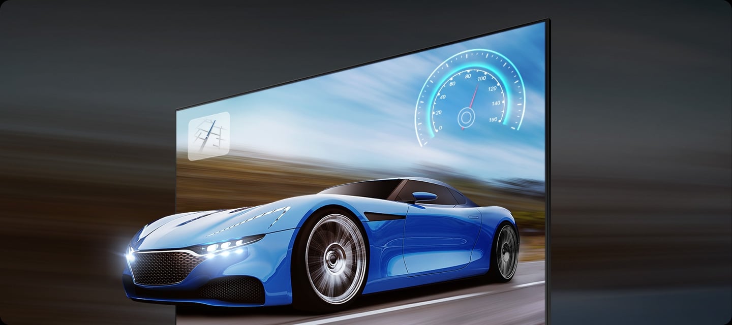 The blue car on the TV screen looks clear and visible on the TV due to motion xcelerator 120hz technology.