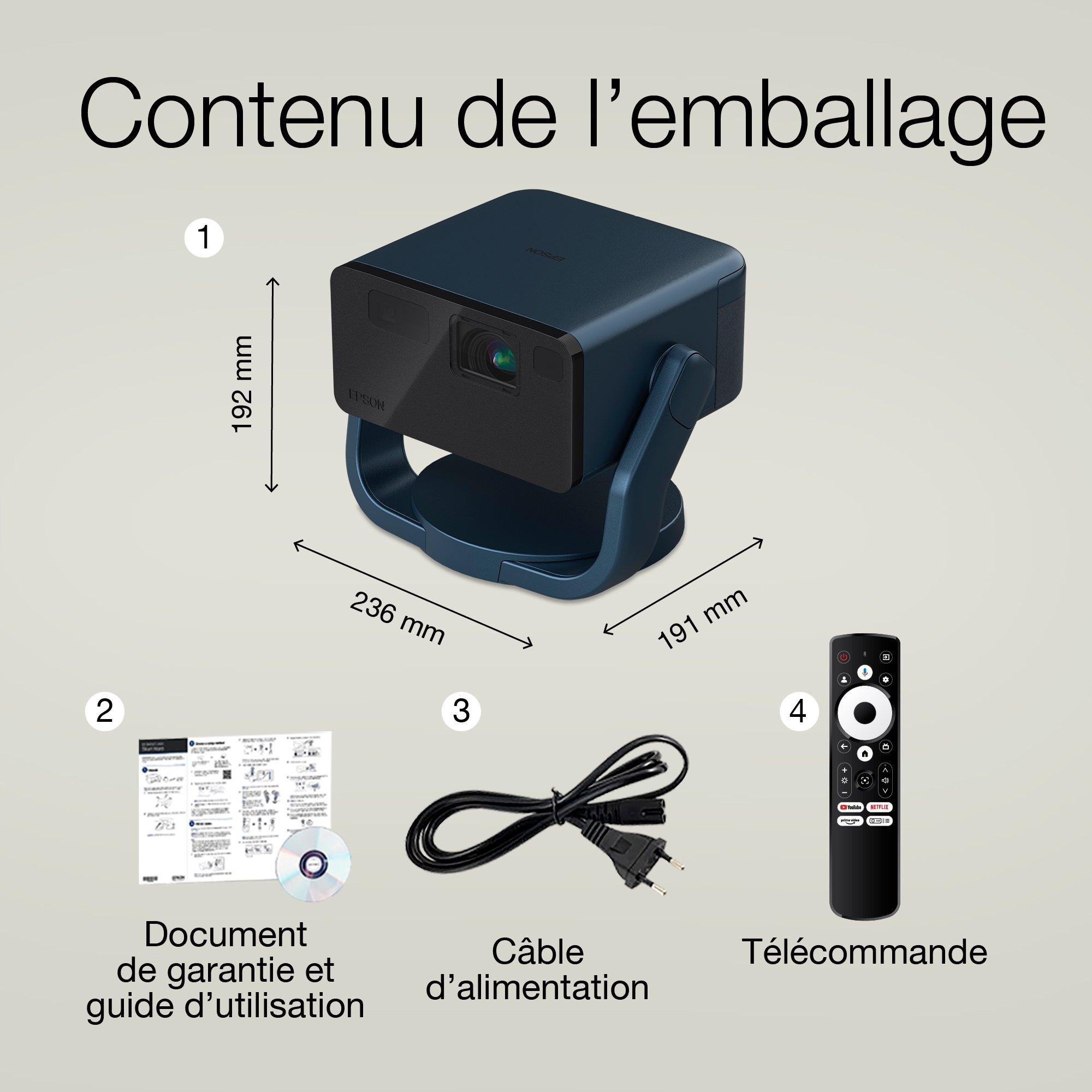 EF-22N, Mini projecteur laser, 1&nbsp;000&nbsp;lumens, Affichage jusqu&rsquo;&agrave; 150&nbsp;pouces, Google TV&trade; et haut-parleur Bluetooth, Portable whats in the box