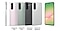 Six Galaxy A56 5G devices. The one in the far left is in side view to indicate the slim thickness of Galaxy A56 5G. The next four devices are in the same tilted rear view with each matching color name Awesome Pink, Awesome Olive, Awesome Graphite, Awesome Lightgray underneath. On the very right is a Galaxy A56 5G in a slightly tilted front view with an abstract graphic onscreen.