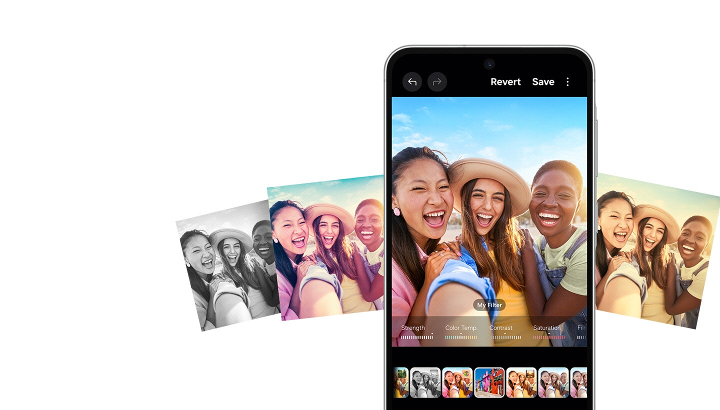 Galaxy A56 5G with Filters feature onscreen. In the middle is three women smiling. Next to the device are the same smiling women in different filters to indicate various effects.