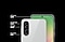 Two Galaxy A56 5G devices. The one in the front is in rear view, placed slightly on top of the other. It is showing the three cameras in close up, each with matching text Ultra Wide angle 12 megapixels, Wide angle 50 megapixels, Macro Camera 5 megapixels. The one in the back is in front view, showing the front camera with matching text Selfie Camera 12 megapixels.