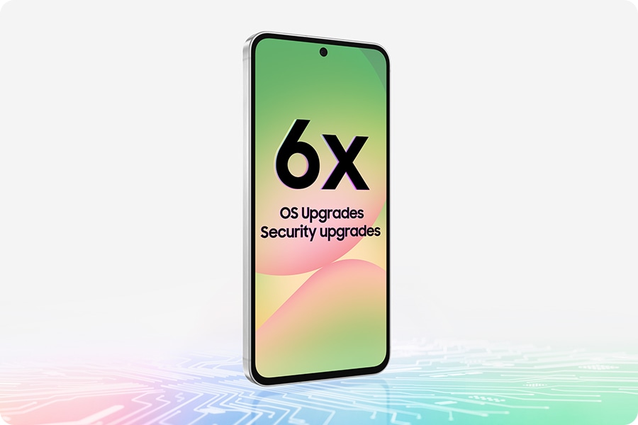 Galaxy A56 5G in a slightly tilted front view. Text 6x OS Upgrades is onscreen. Chipset-like design is at the bottom.